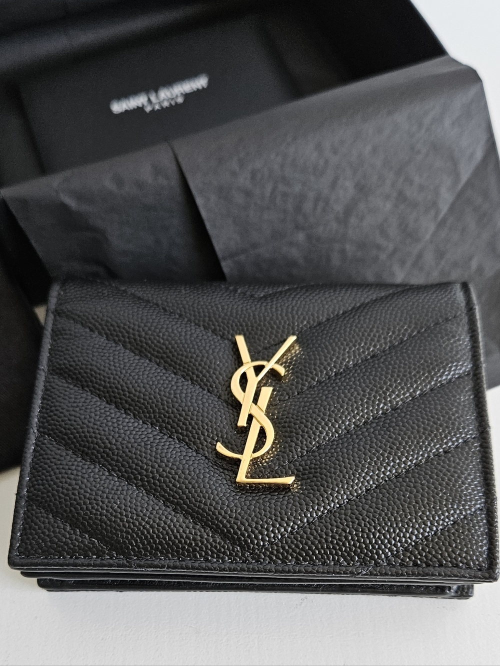 YSL Cassandra Chevron Quiltet Leather Envelope Wallet Box Cards Dust Bag FIRM